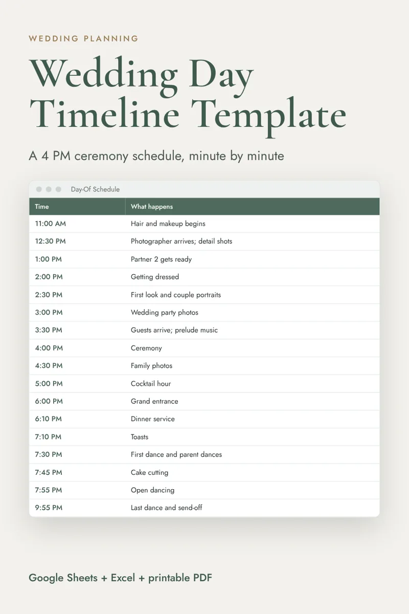 Wedding day timeline template in a spreadsheet with times from 11:00 AM hair and makeup to a 9:55 PM send-off