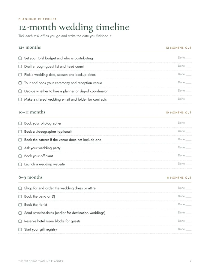 Printable wedding planning checklist page from the 16-page wedding binder, with tasks grouped by month and checkboxes