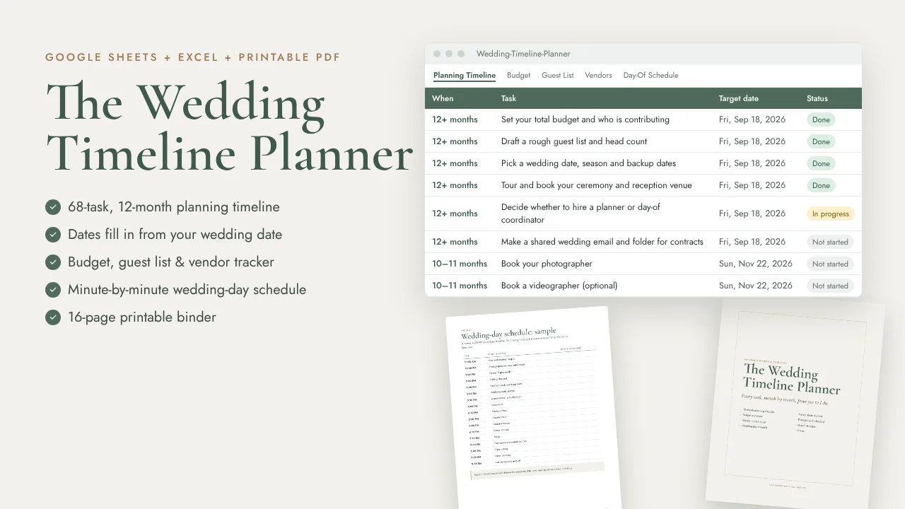 Wedding Timeline Planner spreadsheet showing the 12-month planning timeline with target dates and status, beside the printable binder pages